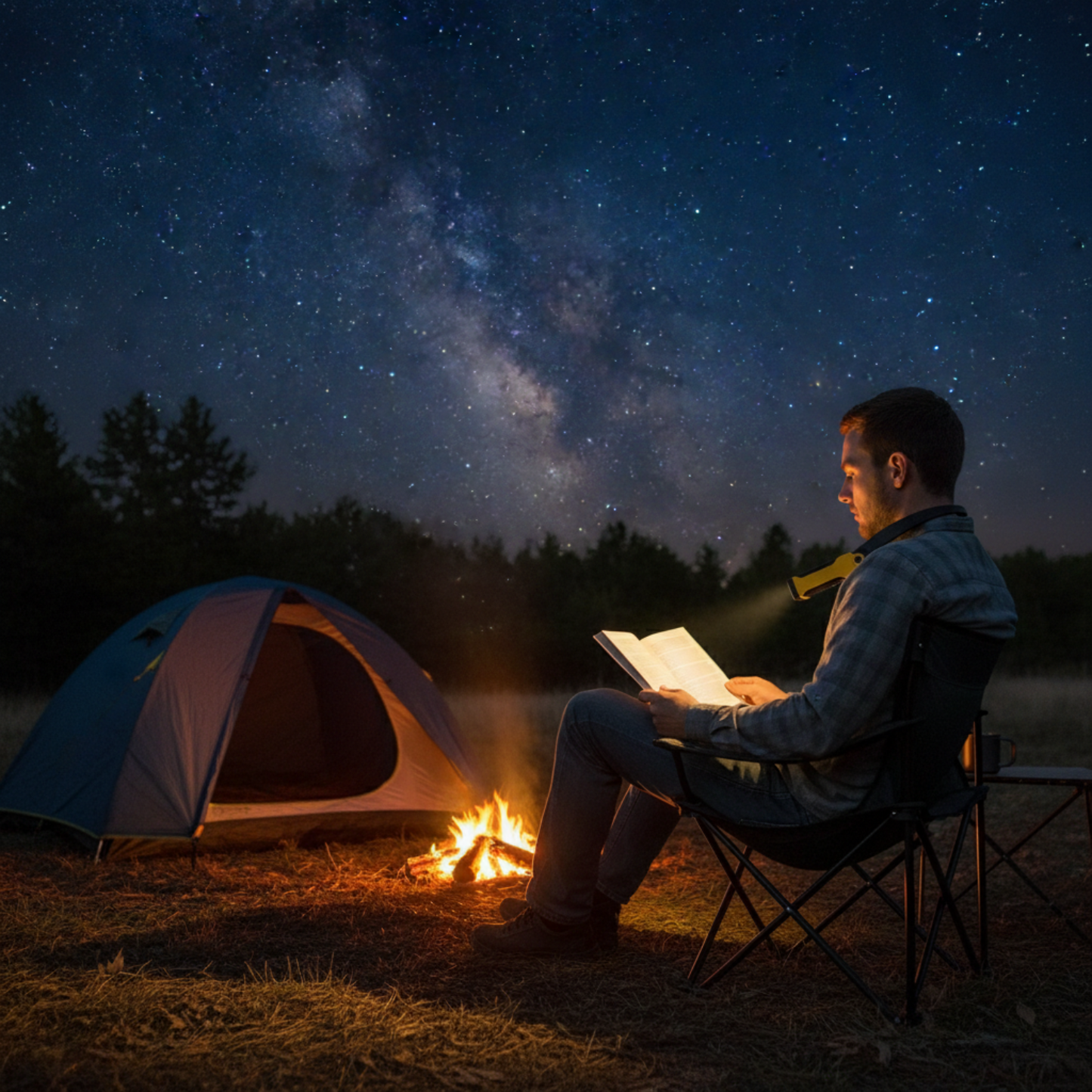 Using LED neck light for camping at night
