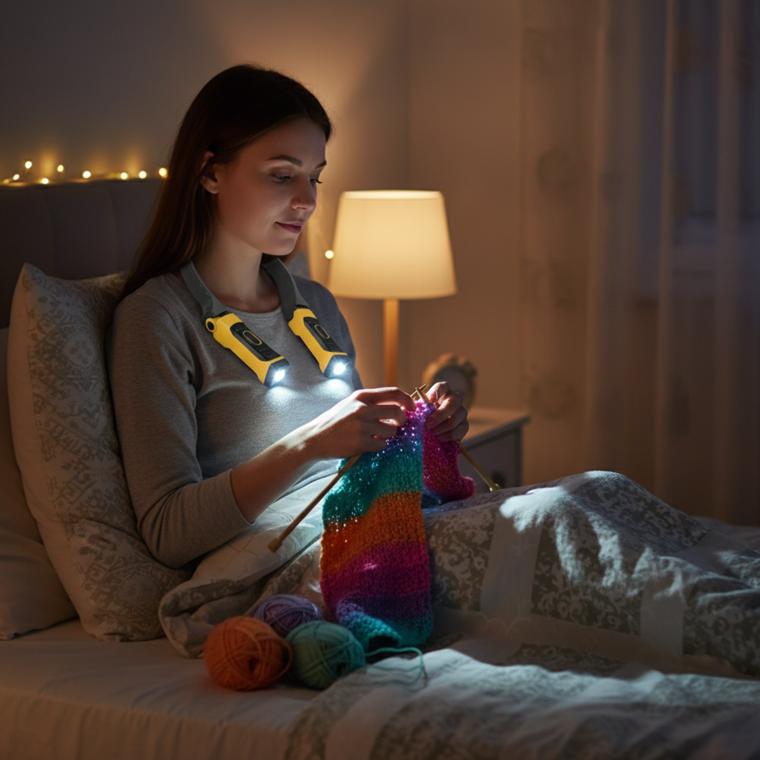 Person knitting with hands-free LED neck light
